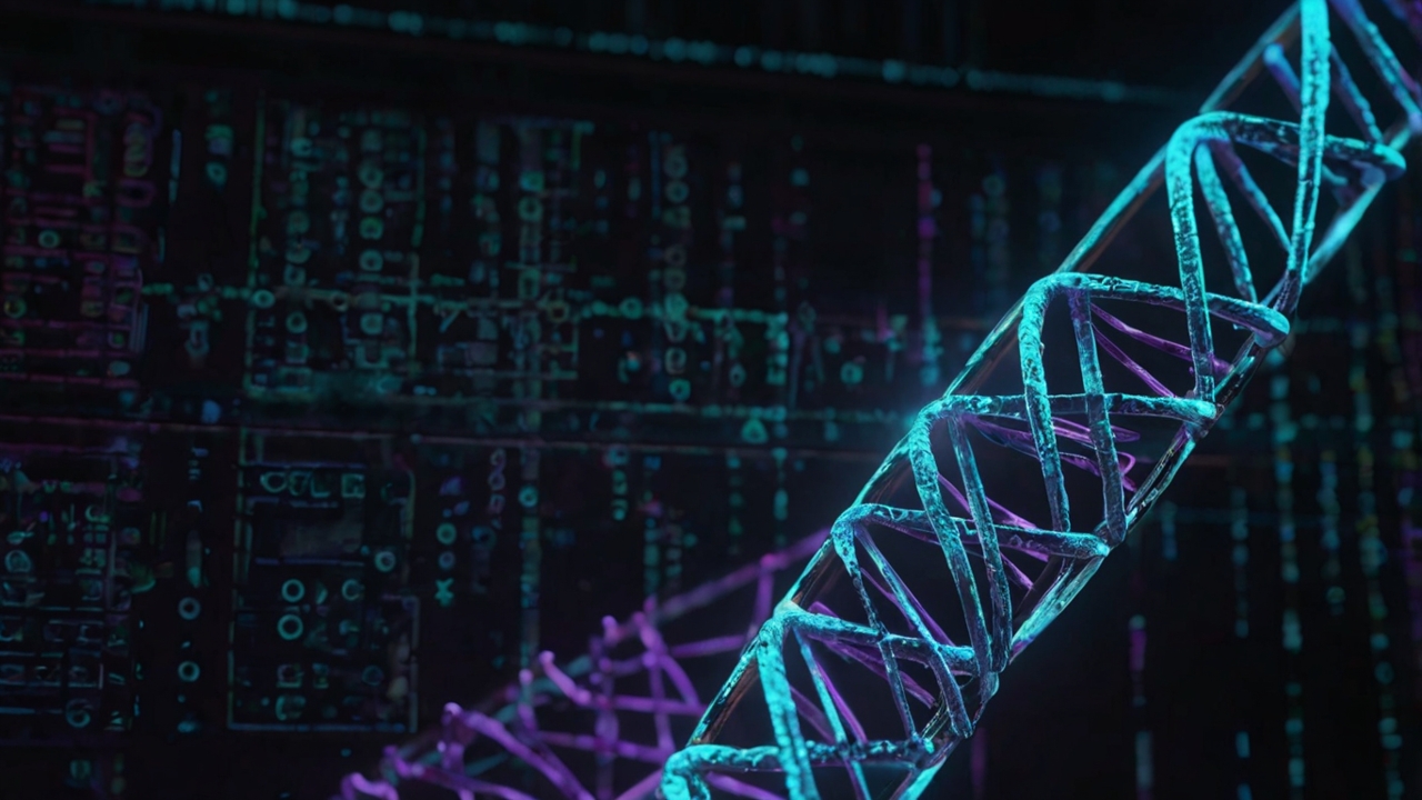 A highly detailed, technical architectural schematic of a human double-helix DNA strand, depicted as a glowing, iridescent crystalline structure. The DNA is surrounded by holographic geometric overlays (Sacred Geometry) and circuit-board-like patterns, symbolizing "programmable" biology. The background is a dark, obsidian-like void with faint, ancient esoteric symbols (runic and kabbalistic) integrated into the circuitry. The lighting is cinematic, with high contrast between the neon blue/violet bioluminescence of the DNA and the deep shadows of the background. 8k resolution, sterile but powerful, aesthetic of a metaphysical laboratory.