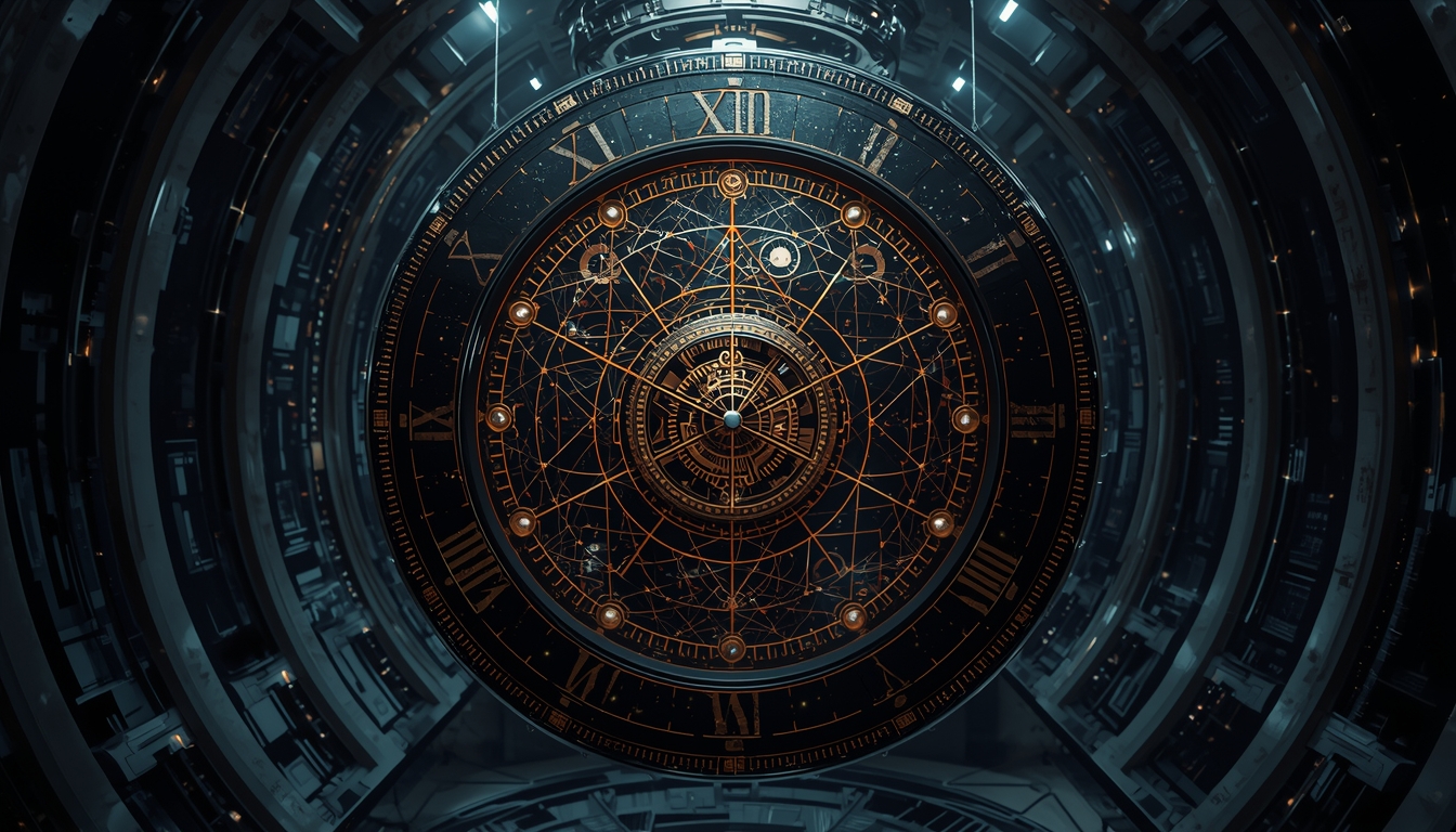 Metaphysical clockwork mechanism in gold and obsidian representing cosmic alignment and sovereign wealth architecture.