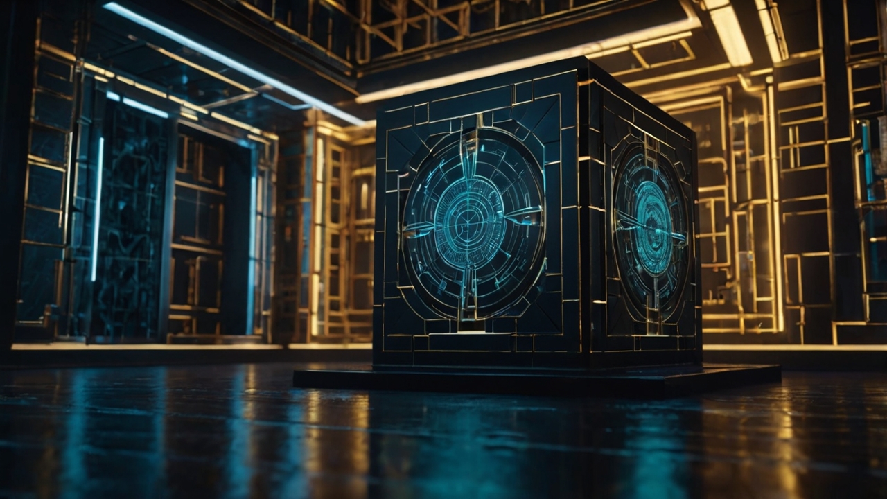 A high-contrast, hyper-realistic architectural blueprint of a multi-dimensional vault, rendered in obsidian and gold. The structure incorporates sacred geometry (Metatron's Cube) into a futuristic data-server and vault hybrid. The background is a dark, matte black parchment with glowing cyan holographic schematics floating above it. Professional lighting, cinematic, 8k, symbolizing the intersection of ancient power and future technology. No human figures. Focus on the intricate, sharp lines of the geometric "wealth container."