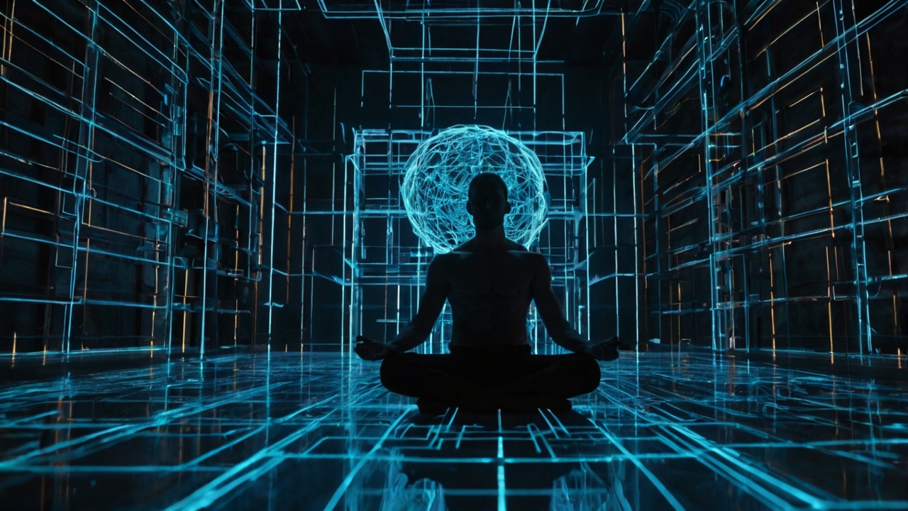 A high-contrast, technical architectural drawing of a human silhouette in a meditative but powerful stance. The silhouette is composed of glowing cyan circuit lines and sacred geometry (metatronic cubes) instead of muscles. The background is a deep obsidian black with architectural grid lines in faint gold. Hovering around the head are floating holographic blueprints of neural pathways being reconfigured. The aesthetic is "Metaphysical Brutalism"—clean, sharp, dark, and authoritative. High-detail 8k, industrial-occult aesthetic.