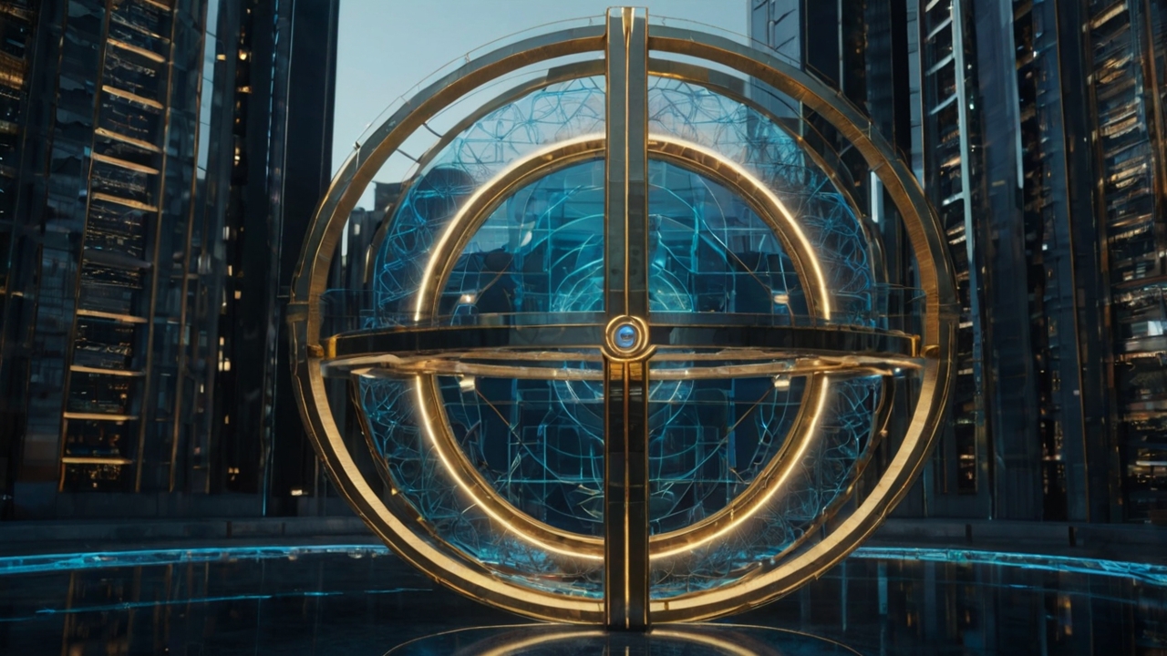 A high-detail architectural blueprint of a futuristic family estate, but the lines of the blueprint are glowing gold and cyan circuits. The structure is built using sacred geometry (vesica piscis and metatron’s cube). In the background, a faint, translucent DNA double helix is integrated into the skyscraper's support pillars. The atmosphere is obsidian-dark with metallic highlights, conveying a sense of esoteric high-technology and ancient sovereign authority. Photorealistic, 8k, cinematic lighting.
