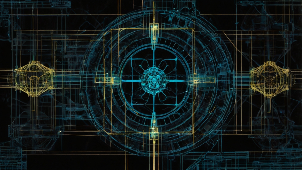 A high-detail, technical architectural blueprint of a human energetic field, rendered in glowing cyan and gold lines against a deep obsidian black background. The image shows a central human silhouette as a 'source node' surrounded by complex sacred geometry, interlocking gears of light, and crystalline structures representing 'relational nodes.' Lines of light connect the central node to distant high-frequency geometric shapes, while 'static' (fuzzy, grey distorted lines) is being actively filtered out by a dark, glass-like obsidian shield. The style is a blend of futuristic CAD software and ancient esoteric diagrams, emphasizing precision, sovereignty, and divine engineering. Included are holographic data readouts in an unknown but elegant archaic script.