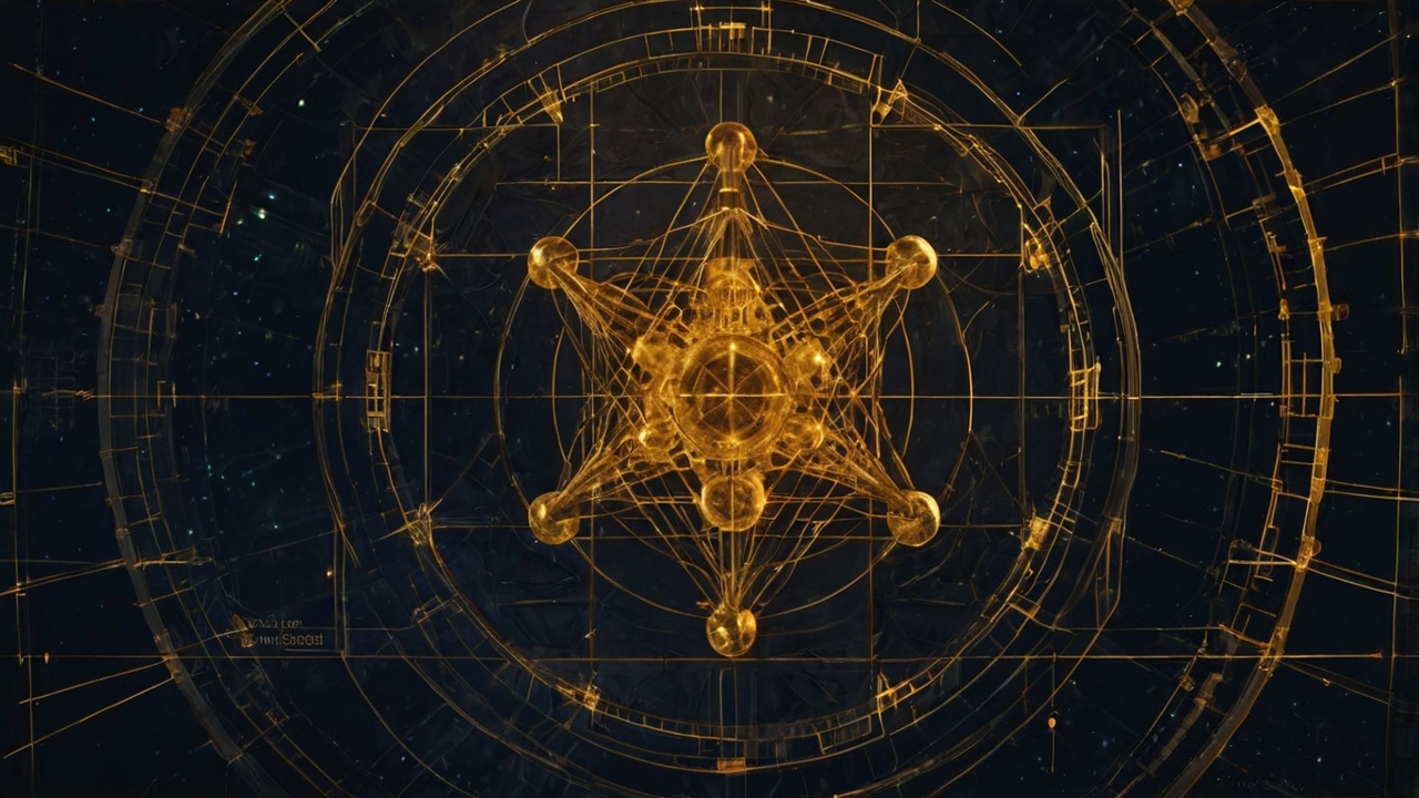 A high-detail, technical architectural blueprint overlaying a cosmic nebula. The blueprint features sacred geometry (Metatron's Cube and Golden Ratio spirals) rendered in glowing gold lines against a deep obsidian and charcoal background. Integrated into the blueprint are translucent, 3D crystalline structures representing human "nodes" connected by golden filaments of light. The aesthetic is "Ancient-Future"—mixing da Vinci-style parchment sketches with futuristic holographic interfaces. No people are visible; the focus is on the structural integrity of the energetic network. High contrast, cinematic lighting, 8k resolution.