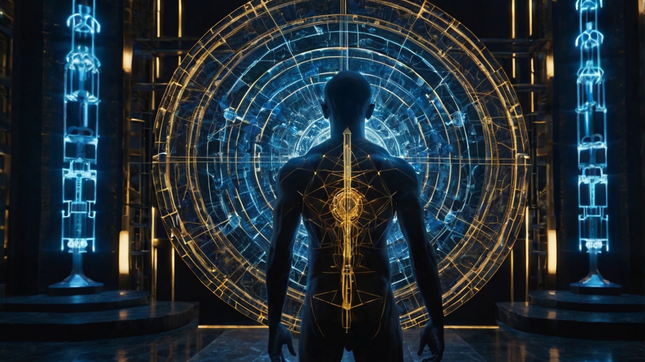 A high-detail, technical architectural drawing of a human silhouette centered within a complex Mandalic grid of glowing blue and gold sacred geometry. The background features a dark, celestial obsidian texture with faint, ancient runic overlays. Lines of "energetic force" connect the central figure to distant nodes of light, representing a non-linear interpersonal architecture. The aesthetic is "Metaphysical Blueprint"—clean, sovereign, sophisticated, and occult-technical. 8k resolution, cinematic lighting, hyper-realistic textures of stone and light.