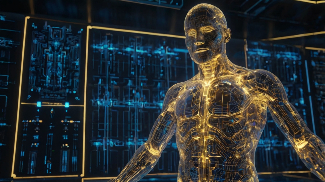 A high-detail, technical blueprint overlaying a translucent human silhouette in a meditative but powerful stance. The silhouette is filled with golden and neon-blue circuitry patterns that resemble both ancient sacred geometry and modern microchips. The background is a dark, obsidian-like laboratory with holographic schematics of energy grids floating in the air. The lighting is sharp, emphasizing "structural integrity" and "sovereign power." 8k resolution, cinematic lighting, architectural precision.