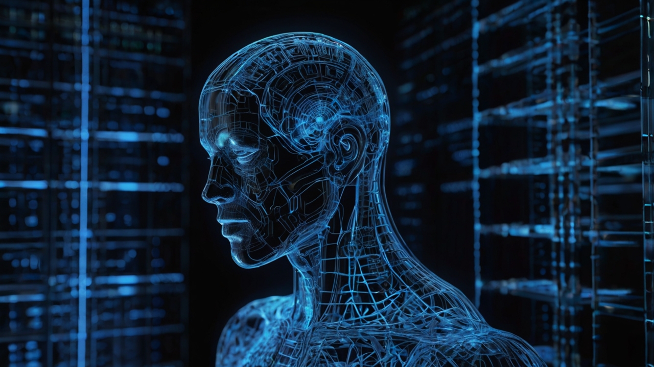 A highly detailed, technical architectural blueprint of a human silhouette seen from the side, rendered in obsidian black and neon electric blue. The interior of the head and spine is depicted as a complex, multi-layered circuit board integrated with sacred geometry (Metatron’s Cube). Glowing filaments represent a 'high-voltage neurological grid'. The background is a dark, minimalist laboratory aesthetic with holographic data overlays and non-linear neural maps floating in the air. The lighting is cinematic, focusing on the precision and 'sovereign' structure of the cognitive infrastructure. High resolution, 8k, Unreal Engine 5 style, metaphysical technical drawing.