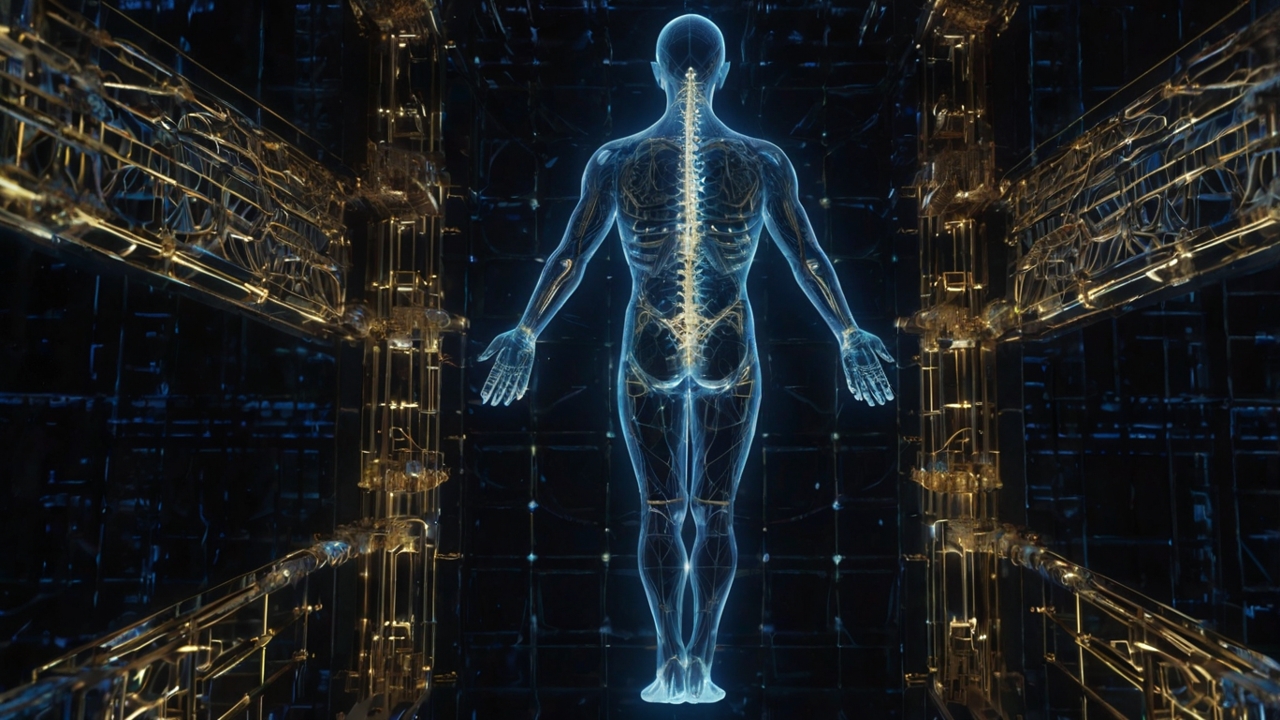 Glowing human figure in digital environment