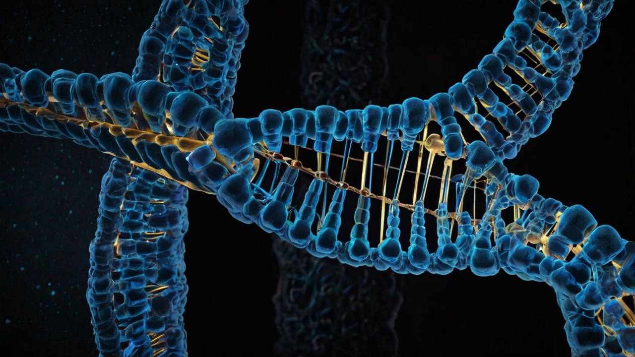 A high-tech, esoteric architectural cross-section of a human DNA strand being reconstructed within a dark, obsidian-chamber. The visual should combine golden ratio geometry, glowing blue holographic interfaces, and ancient stone textures. Technical diagrams of mitochondria overlaid with alchemical symbols. The lighting is cinematic, focusing on the precision of biological "engineering." No faces, only the crystalline structure of the genetic "asset" being repaired. High-contrast, sharp detail, 8k resolution.