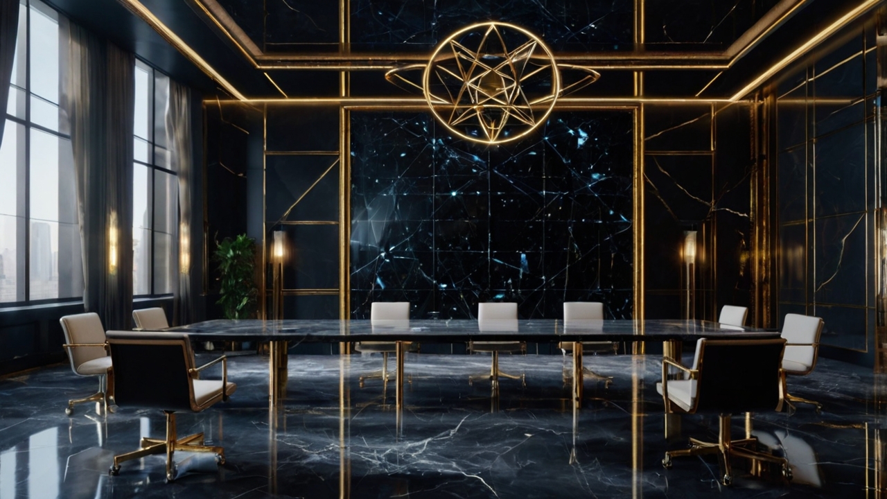 A hyper-realistic, high-contrast architectural visualization of a metaphysical boardroom. The room is constructed from polished obsidian and translucent gold-veined marble. In the center, a floating, glowing 3D holographic geometric grid (Sacred Geometry) represents a destiny map. Ethereal, translucent blueprints of star constellations are projected onto the black walls. The lighting is cinematic, featuring sharp lines and deep shadows, emphasizing a mood of elite power, sovereign authority, and advanced metaphysical technology. 8k resolution, Unreal Engine 5 aesthetic, technical and occult atmosphere.