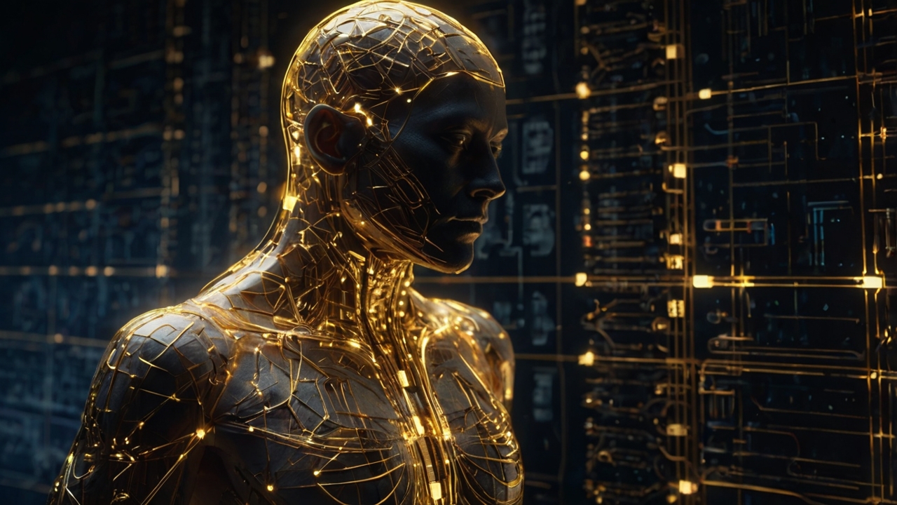 A hyper-realistic, technical architectural blueprint of a human silhouette, glowing with intricate golden bio-electric circuits against a dark obsidian background. The image should feature geometric overlays of sacred geometry, translucent data streams resembling ley lines, and a sense of "metaphysical engineering." The lighting is cold, surgical, and high-contrast, emphasizing the fusion of ancient occult symbols with futuristic somatic technology. High-detail, 8k resolution, cinematic atmosphere.