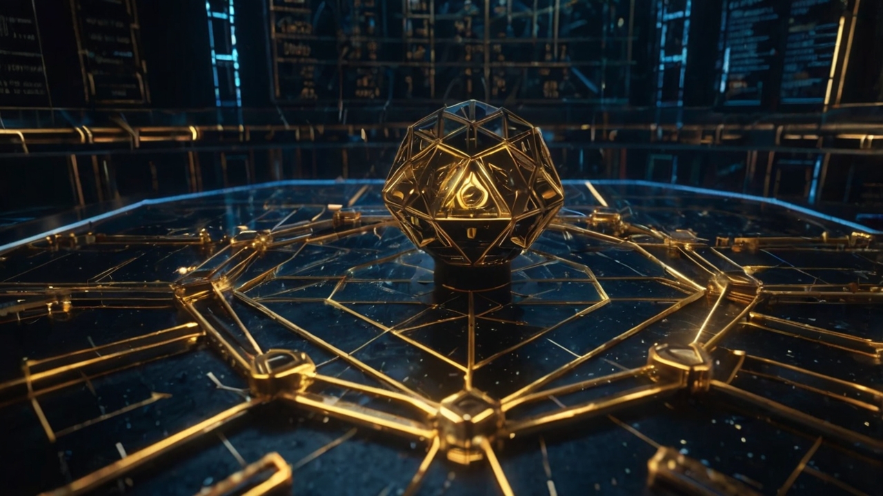 A technical architectural drawing of a futuristic, obsidian-black vault floating in a void. The structure is composed of hyper-precise geometric shapes (octagons and tetrahedrons) linked by glowing golden lines of energetic "circuits." In the center, a holographic sigil representing sovereign wealth is illuminated. The background features faint, ancient stone runes overlaying a complex stock market candlestick chart that is dissolving into dust. The style is "Cyber-Occult Blueprint," high contrast, ultra-detailed, cinematic lighting, 8k resolution.