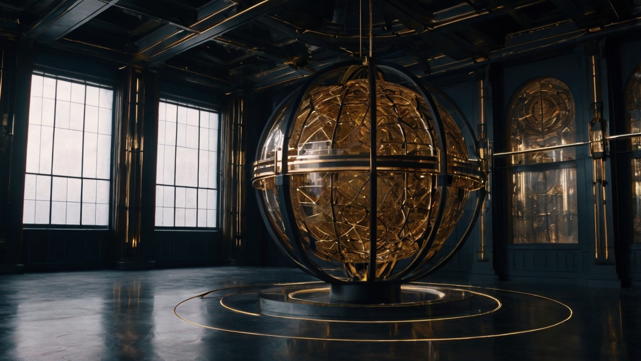 A technical, high-contrast architectural rendering of a metaphysical sanctum. In the center, a dark obsidian sphere is suspended, surrounded by glowing laser-etched sacred geometry and blueprints of celestial constellations. The floor is a polished black mirror reflecting the complex networks of golden light that connect various architectural pillars. The aesthetic is "Ancient-Future"—mixing brutalist obsidian structures with delicate, high-tech holographic overlays of planetary orbits and frequency waves. Sharp focus, cinematic lighting, 8k resolution, esoteric and sovereign atmosphere.