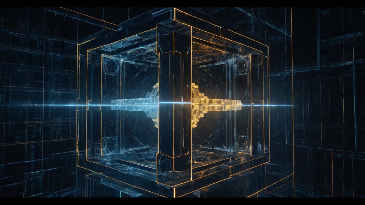 Hyper-realistic, technical architectural blueprint of a levitating obsidian vault. The image shows a cross-section with glowing ethereal circuits, sacred geometry overlays (Metatron's Cube), and complex mathematical equations floating in 3D space around the structure. The background is a dark, minimalist void with a subtle golden "life-force" stream entering the vault through a crystalline prism. High-contrast, cinematic lighting, 8k resolution, esoteric engineering aesthetic.