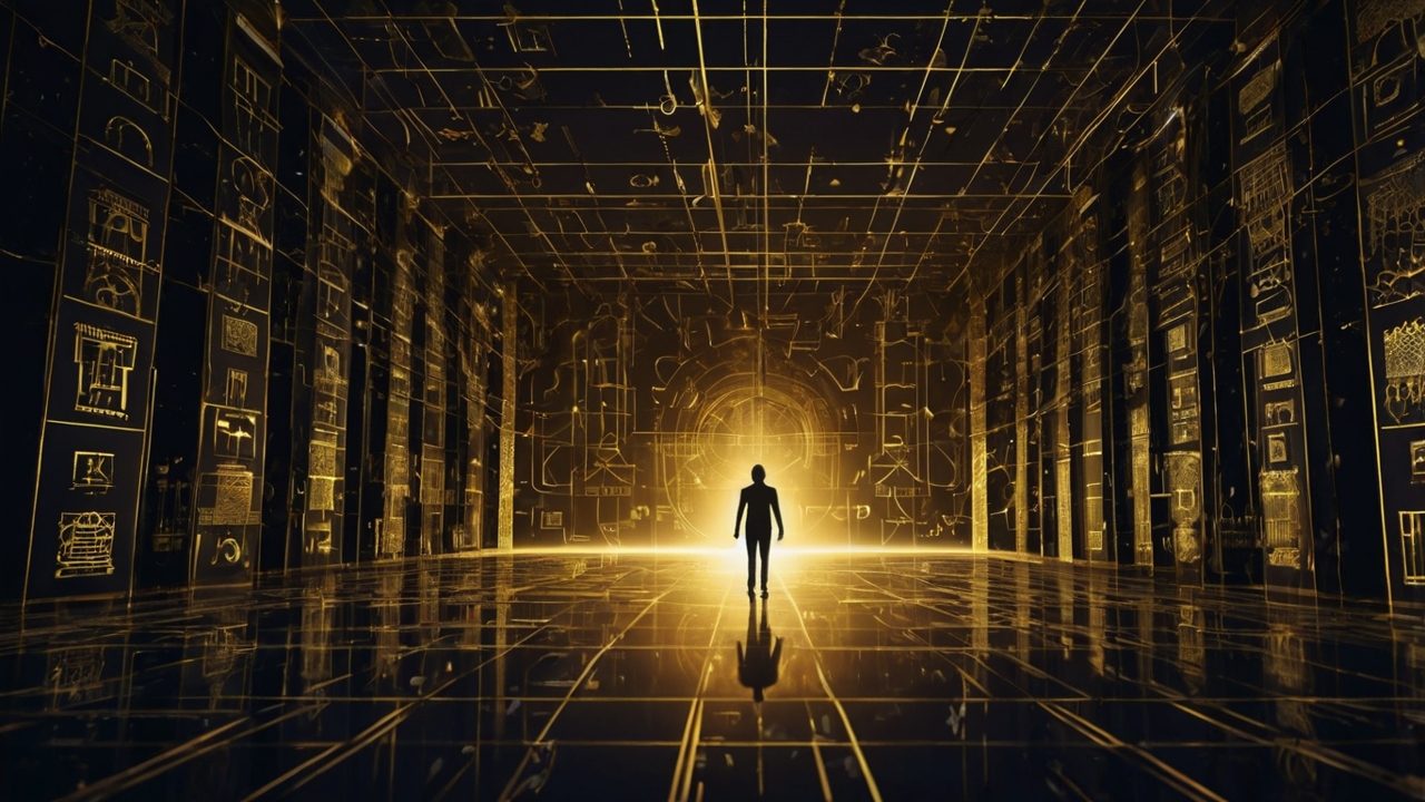 A highly detailed, technical architectural blueprint of a human silhouette intertwined with another, rendered in shimmering gold and obsidian ink. The background is a dark, minimalist laboratory or architect's studio. Floating around the silhouettes are geometric fractals, Kabbalistic symbols, and mathematical equations representing frequency resonance. High-contrast lighting, cinematic atmosphere, 8k resolution, esoteric and sovereign aesthetic.