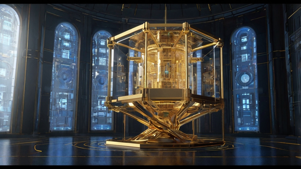 A highly detailed, technical blueprint of a metaphysical wealth vault. The image features a central golden geometric throne enclosed in a hyper-dimensional glass cube. Around the cube are floating architectural diagrams, celestial alignments, and intricate blue-glowing circuit-like patterns representing bloodline DNA. The aesthetic is "Ancient-Future Fiscal Architecture," combining Leonardo da Vinci's sketching style with futuristic holographic interfaces. Deep shadows, high contrast, gold and obsidian color palette. Professional architectural render.