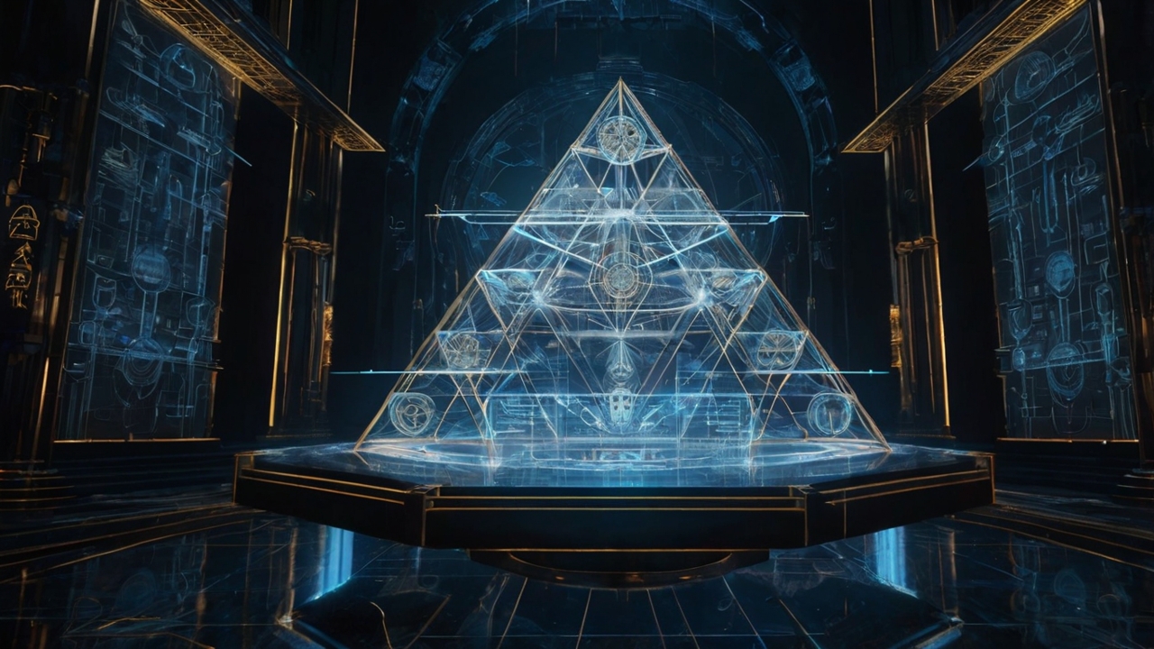 A hyper-detailed, technical architectural blueprint of a celestial palace floating in a dark void. The blueprint features glowing golden geometric lines, sacred geometry overlays (Metatron's Cube), and Sanskrit-inspired engineering notations. In the center, a holographic throne is being synthesized from liquid light and dark obsidian. The aesthetic is "Esoteric High-Tech"—a mix of Da Vinci's sketches, futuristic CAD software, and ancient alchemical scrolls. Cinematic lighting, deep shadows, 8k resolution, mathematical precision.